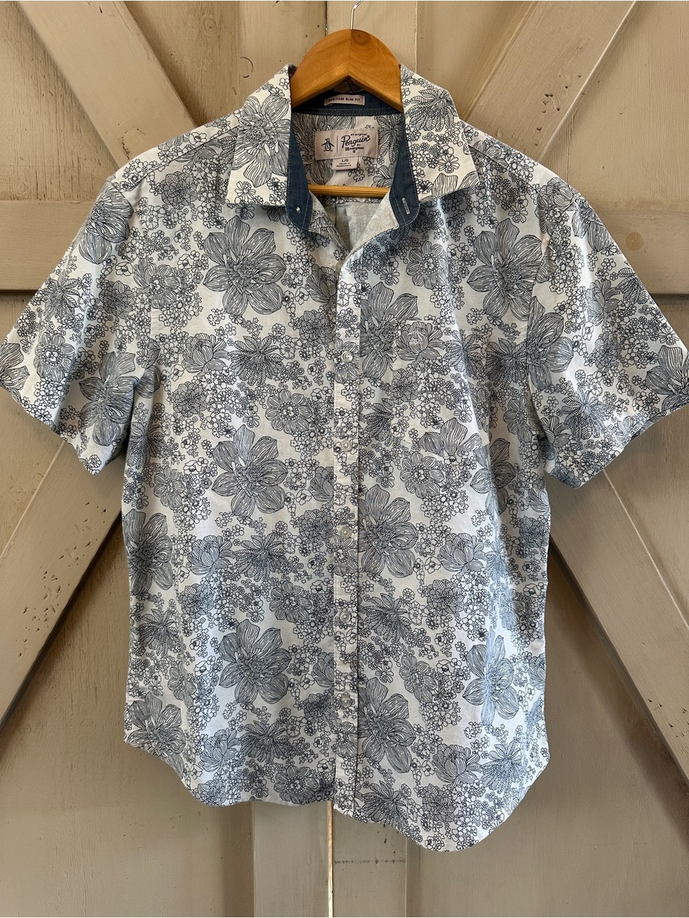 Original Penguin Heritage Slim Fit Floral Button Up Shirt Men’s Large White Blue